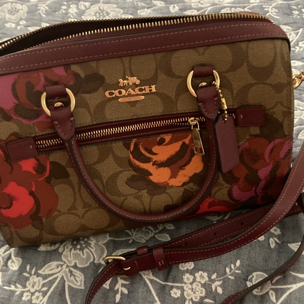 Coach Crossbody Bag with Floral Design - Brown and Red